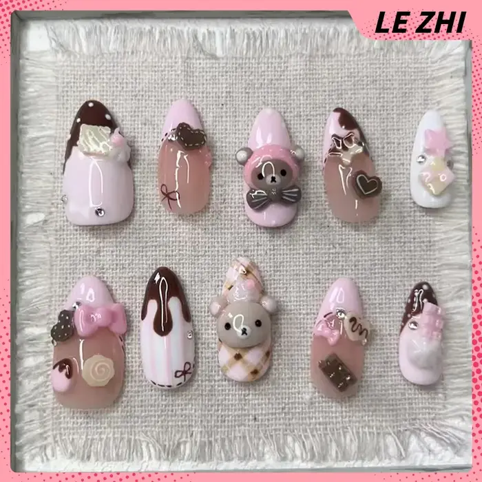 Dessin animé Kawaii Rilakkuma Long carré Stiletto fait à la main couverture complète ongles Biscuit fraise Notes de