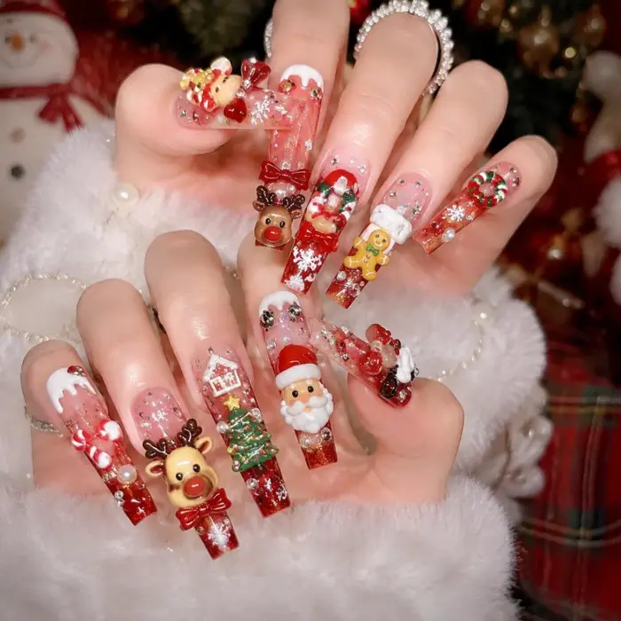 1 boîte de décorations créatives pour ongles en résine, motifs de rennes, de Père Noël, de gants, de nœuds, de chaussettes et de clochettes, pour la décoration des ongles de Noël DIY.