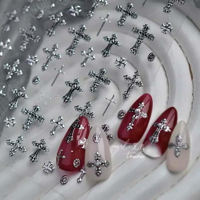 Autocollant d'ongle de croix d'argent rétro pour manucure breloques à assembler soi-même