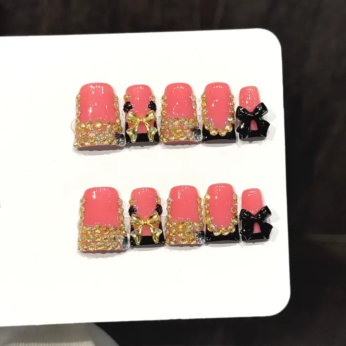 10 pièces d'ongles artificiels en forme de canard pressés à la main, jolis faux ongles, rose pêche, 