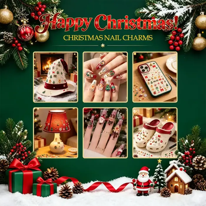 1 boîte de décorations créatives pour ongles en résine, motifs de rennes, de Père Noël, de gants, de nœuds, de chaussettes et de clochettes, pour la décoration des ongles de Noël DIY.