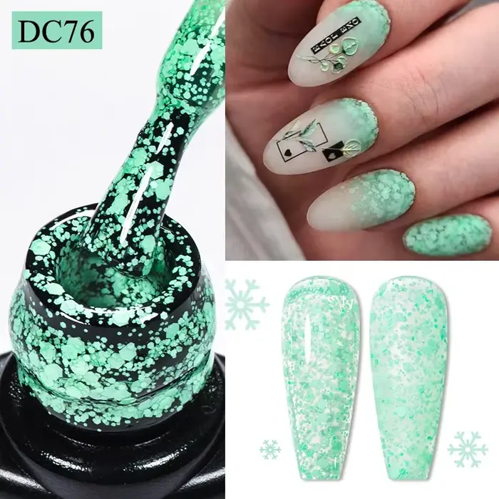 Vernis à ongles gel flocon de neige 7ml, blanc laiteux, vert pailleté, semi-permanent, à retirer par