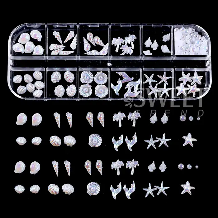 SWEET TREND - 12 compartiments de breloques 3D pour nail art sur le thème de l'océan : coquillages Aurora