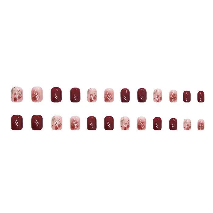 24 pièces faux ongles avec Design faux ongles carrés courts avec breloques de colle auto-ongle Rose rouge décoré ongles acryliques presse sur 2025