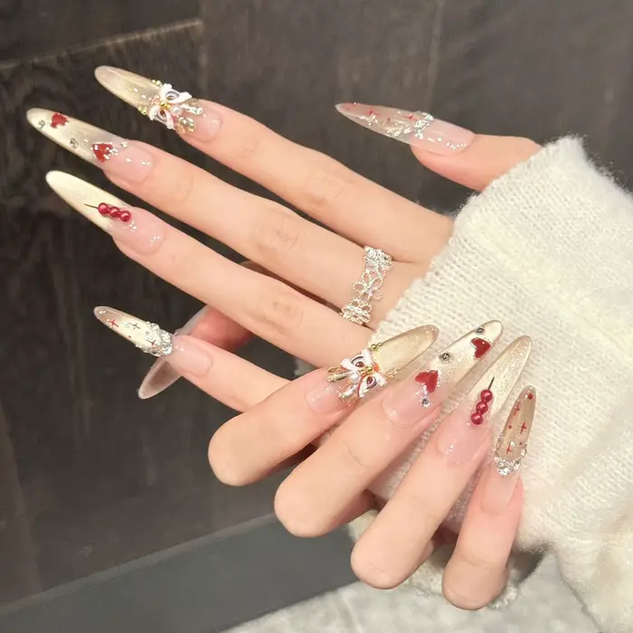 Faux ongles à pression faits à la main, motif Dragon, paillettes dorées, bâtonnets de bonbons 3D de 