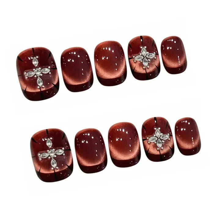 10 pièces vin-rouge oeil de chat presse sur ongles à la main élégant court rond Style français faux