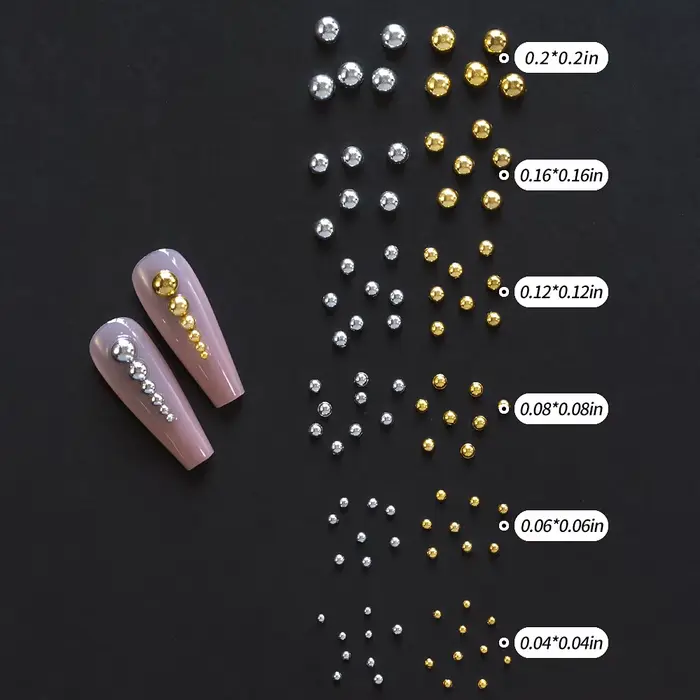 1 boîte de strass demi-ronds à dos plat pour ongles, multi-tailles, perles métalliques or et argent,
