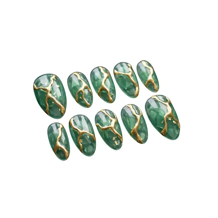 LumiTips Faux Ongles Press-On Faits Main Amande Vert Émeraude Jade avec Veines Dorées 3D Faux ongl