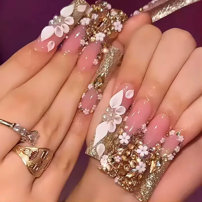24 pièces longue tête carrée française presse sur faux ongles 3D fleur bleue strass conception couve