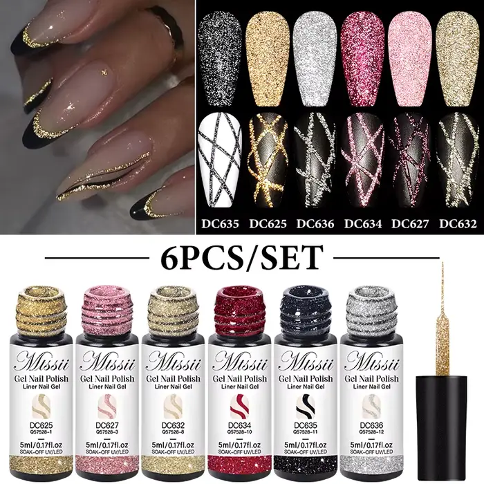 2/4/6 pièces réfléchissant paillettes Liner Gel vernis à ongles ensemble tirer ligne Graffiti peinture rayure bricolage