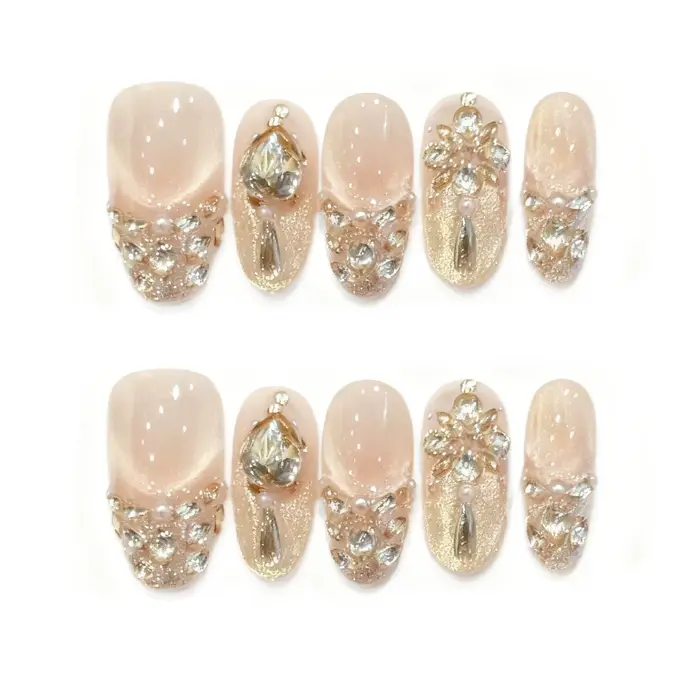 Faux ongles de luxe à pression avec strass en or rose, 10 pièces, faits à la main, à paillettes, ave