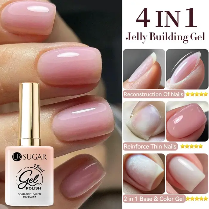 UR SUGAR 15ml Gel Base Caoutchouc 4-en-1 pour Construction, Renforcement et Nail Art Naturel, Vernis à Ongles Gel UV/LED Soak Off
