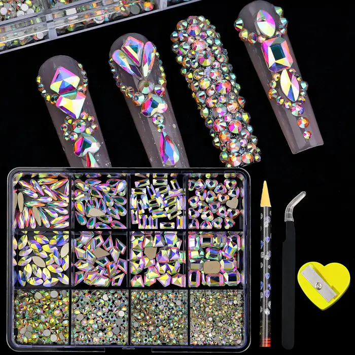 780-980 pièces 3D multi-formes luxe Nail Art strass clair/AB/rouge/bleu foret à fond plat avec stylo