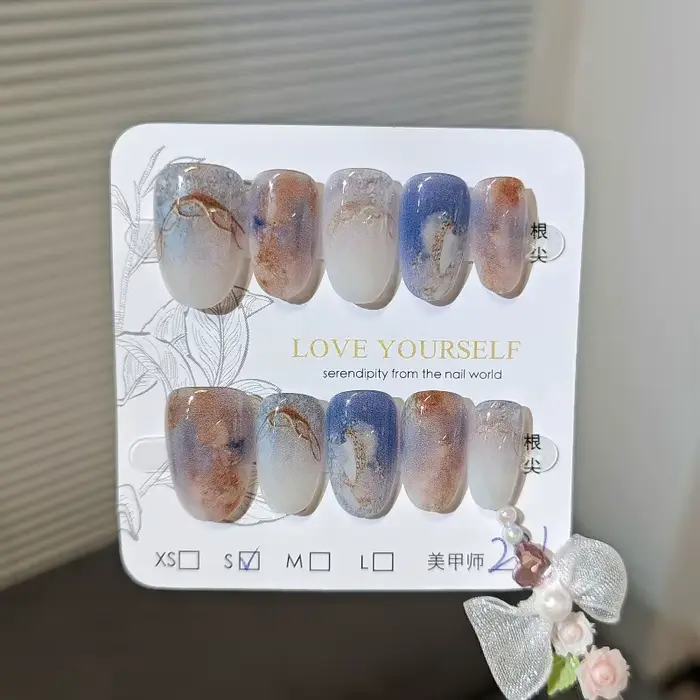 10 faux ongles à presser, style dégradé effet peinture à l'huile, pointes françaises métalliques, pa
