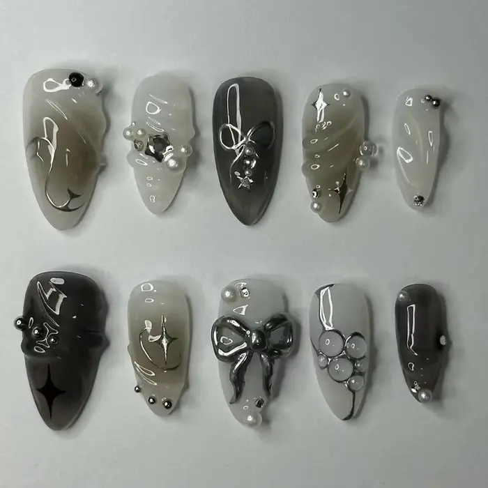 24 pièces presse foncée sur faux ongles avec paillettes noires modèles métalliques 3D doux frais amande