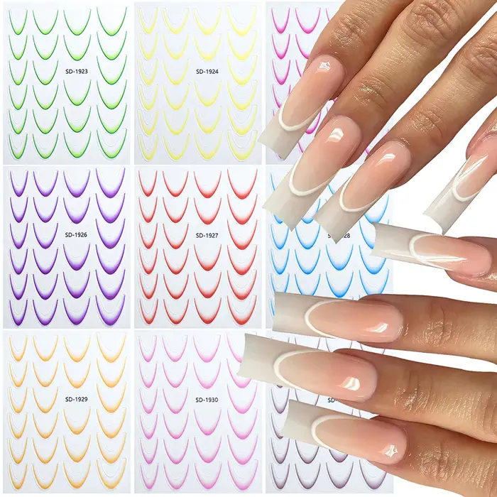 Autocollants 3D pour ongles, motifs de manucure française, dégradé, lignes florales, guides autocollants pour la décoration DIY des ongles