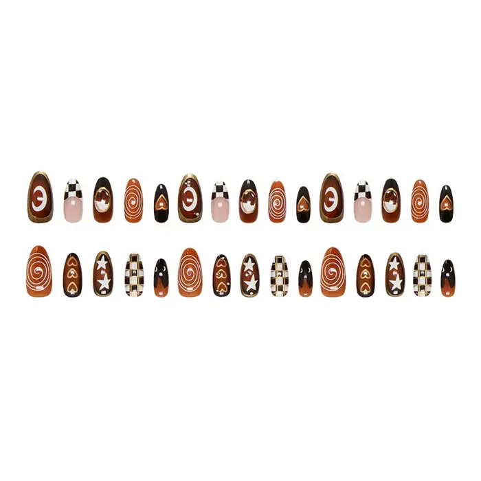 24 faux ongles noirs motif lune et étoile avec carreaux marron