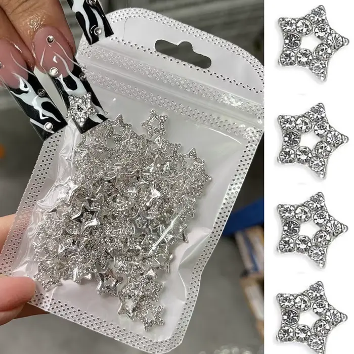 10 pièces 3D argent pentagramme étoile Nail Art alliage strass luxe métal étoile breloques ongles bi