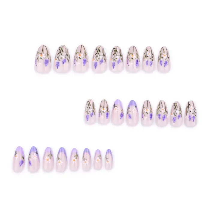 24 pièces printemps été ongles presse Ons fleur français violet faux