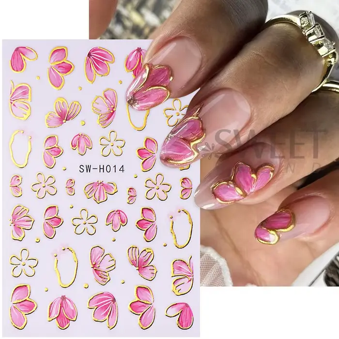 Autocollants pour ongles fleur d'hibiscus rose doré