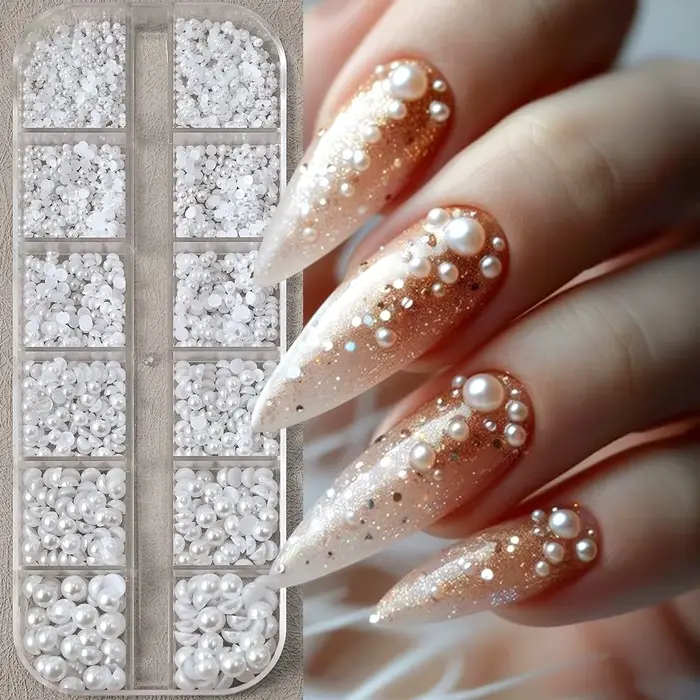 12 compartiments de perles blanches 3D pour ongles