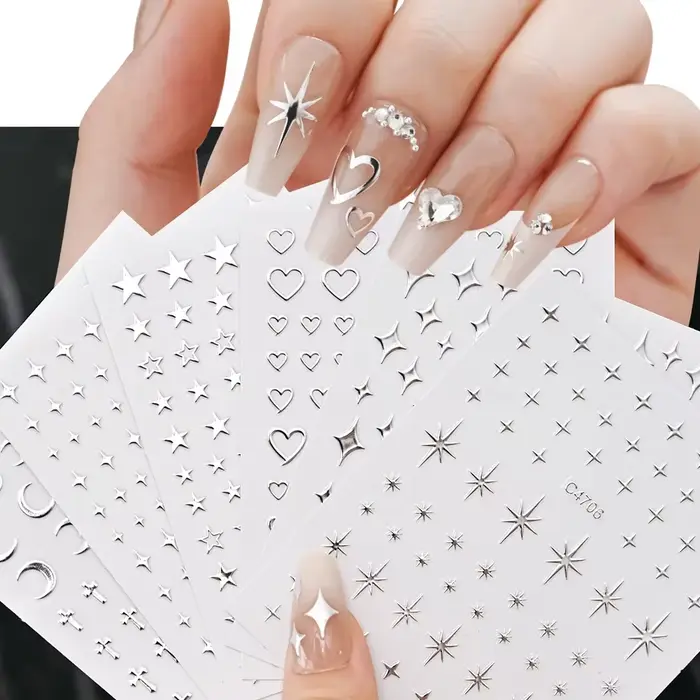 Autocollants pour ongles en métal argenté, 6 feuilles, étoiles métalliques 3D, autocollants pour Nai