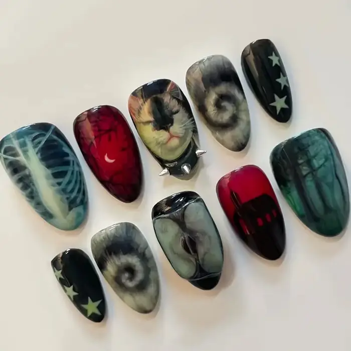 Faux ongles faits à la main, Style noir foncé, Y2k Star Horor Foreat, dessins à pression, Halloween,