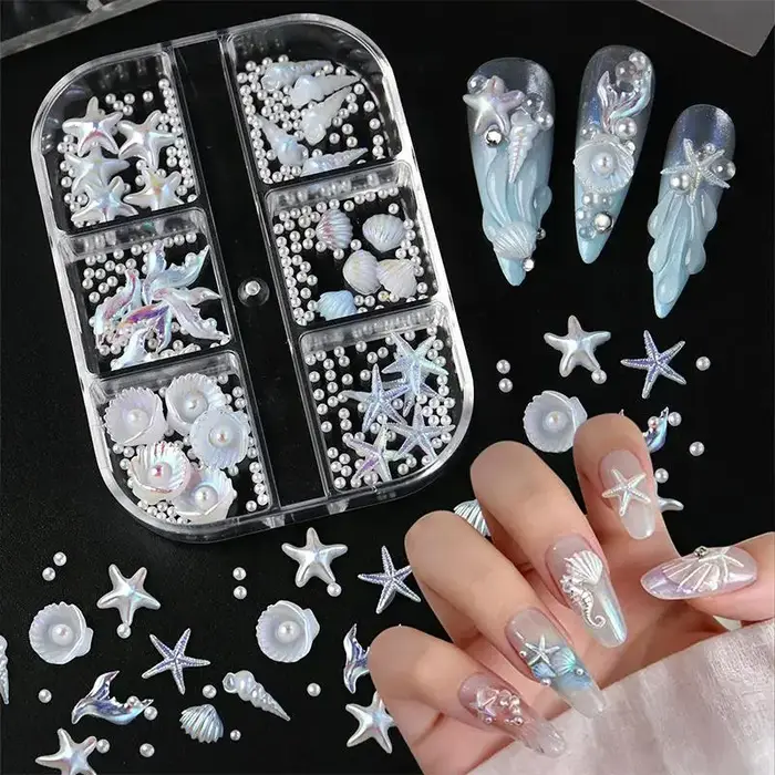 Breloques pour ongles DIY, 6 panneaux, coquillages nacrés, étoiles de mer blanches, design perlé, décorations pour ongles pour les techniciennes professionnelles en manucure