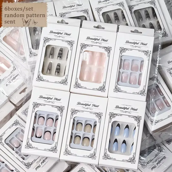 6 boîtes/144 pièces mélange aléatoire Style court rond presse sur ongles doux couverture complète dé