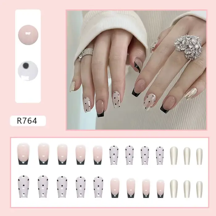 Faux ongles courts à presser style ballet, classiques noirs à French manucure, effet miroir à pois, 