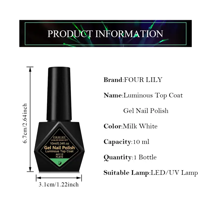 FOUR LILY 10ml Top Coat Lumineux Sans Résidu Gel Vert Phosphorescent Vernis à Ongles DIY Salon à Domicile Cadeau Festif Pour la Saint-Valentin