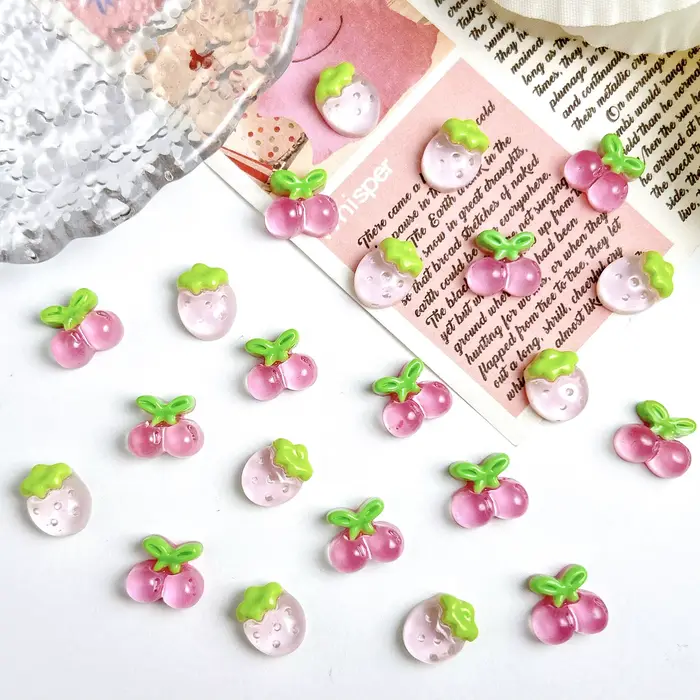 30 pièces simulé mignon gelée cerise résine Nail Art breloques 3D doux rose fraise décorations d'ongles pour bricolage
