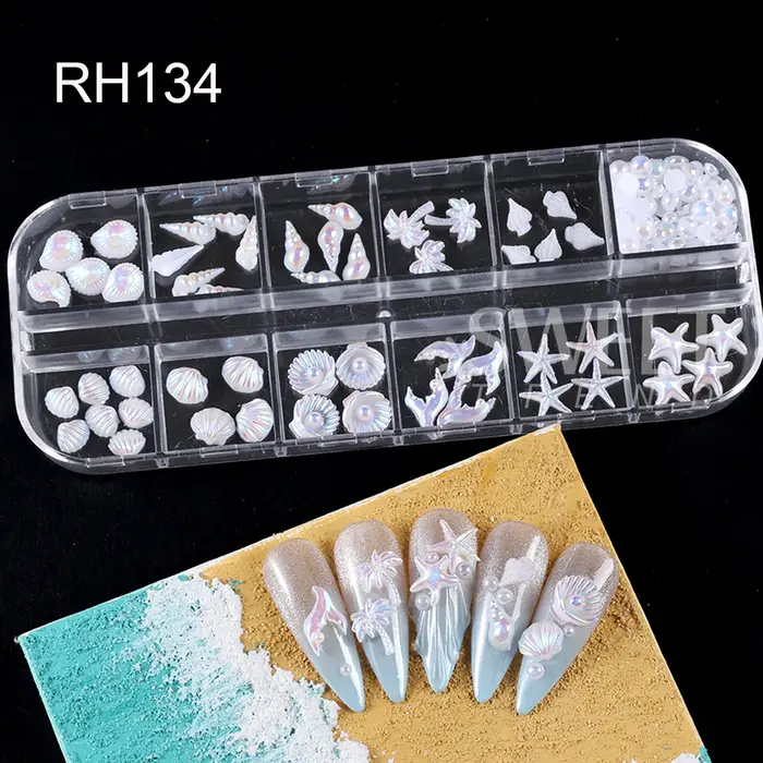 SWEET TREND - 12 compartiments de breloques 3D pour nail art sur le thème de l'océan : coquillages Aurora