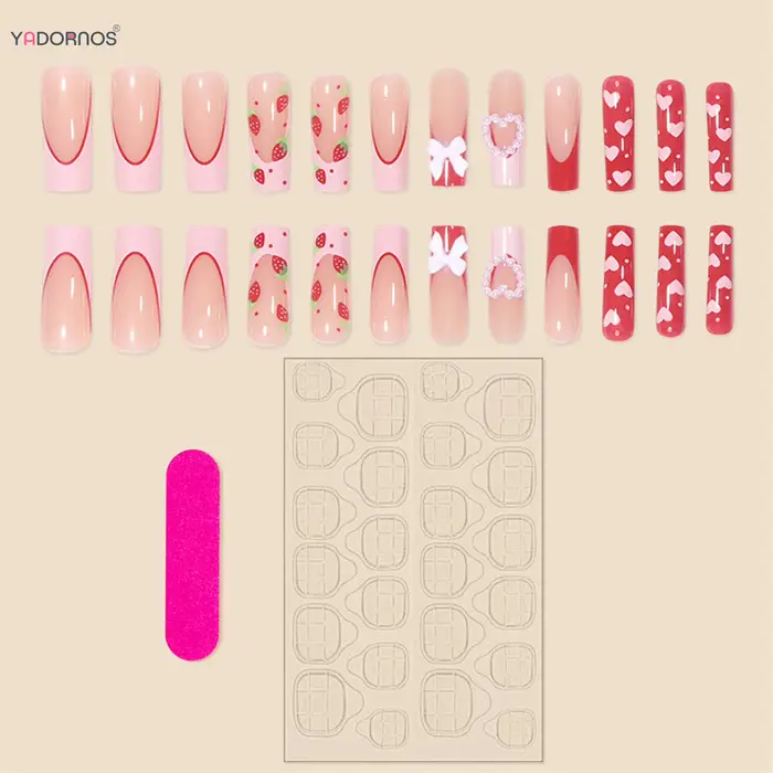 Faux ongles français en forme de fraise rouge
