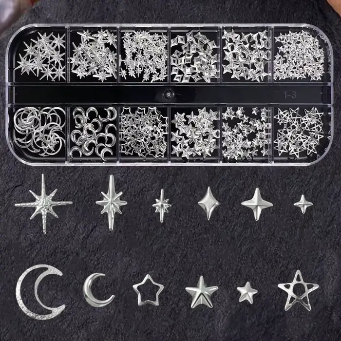 12 grilles de breloques et clous à ongles 3D argentés, motifs cœur, nœud, papillon, étoile, lune, st