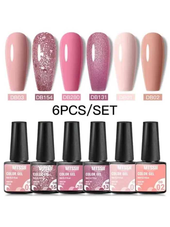 Mtssii 6 pièces/ensemble rose paillettes Gel vernis à ongles ensemble paillettes Semi Permanent Base