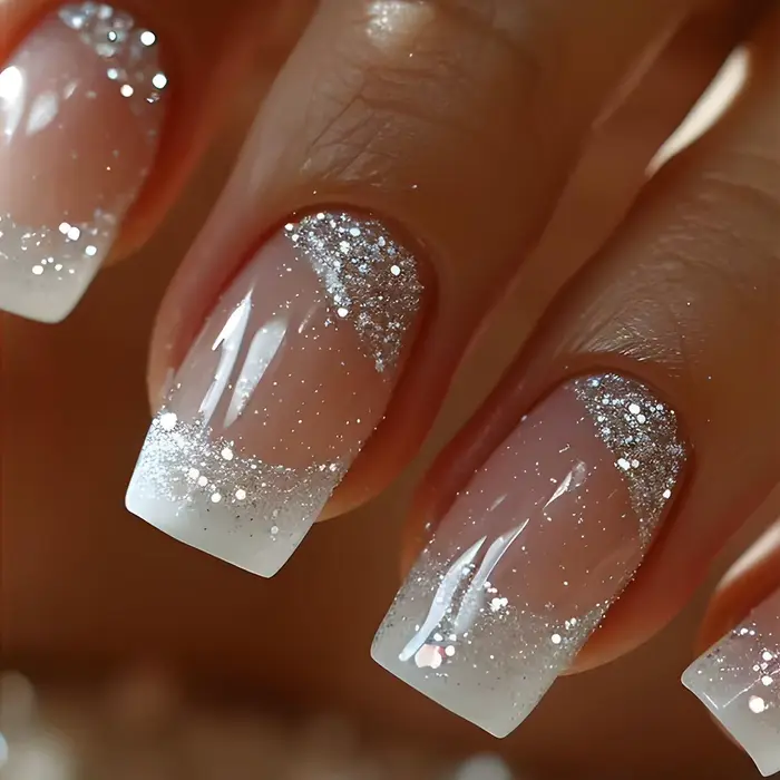 Faux ongles français simples avec colle, 24 pièces, motifs de paillettes dorées, courts et carrés, e
