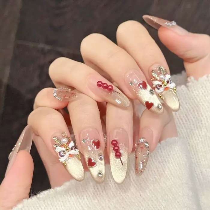Faux ongles à pression faits à la main, motif Dragon, paillettes dorées, bâtonnets de bonbons 3D de 