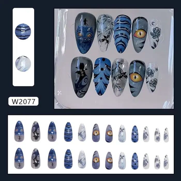 24 faux ongles longs en forme d'amande - Rose sombre mystérieuse unique avec un motif de hibou à un 