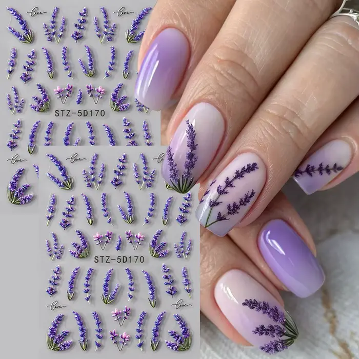 Autocollants pour ongles en relief 5D, 2 pièces, fleurs de lavande élégantes, fleurs lumineuses, aut
