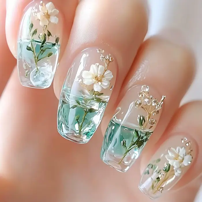 Faux ongles moyens pour femmes et filles, couleur verte dégradée semi-transparente avec motif floral