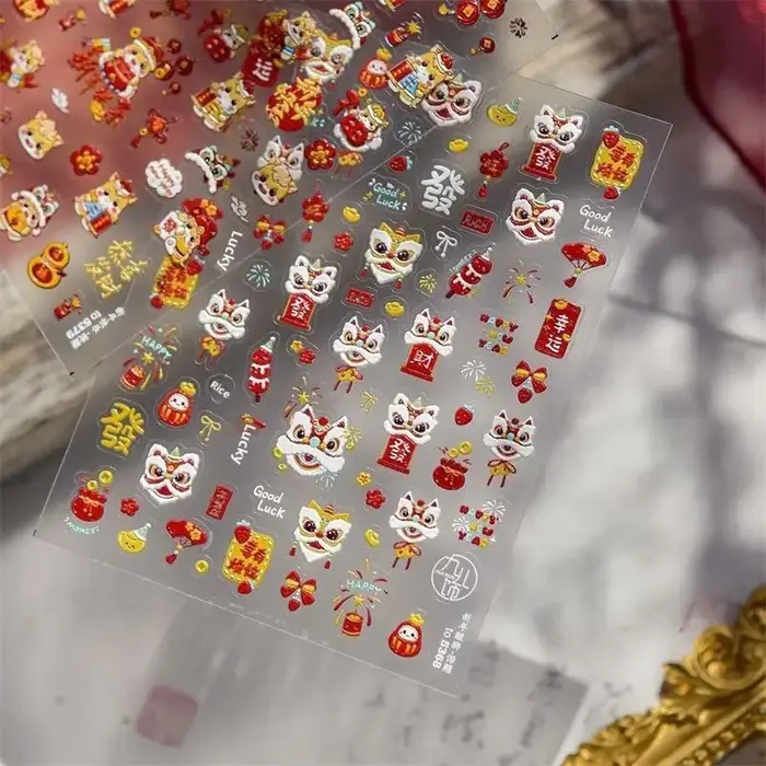 Mignon nouvel an chinois cheval année Lion danse arc Nail Art impression autocollants chanceux poney manucure décalcomanies festif en relief décor d'ongle