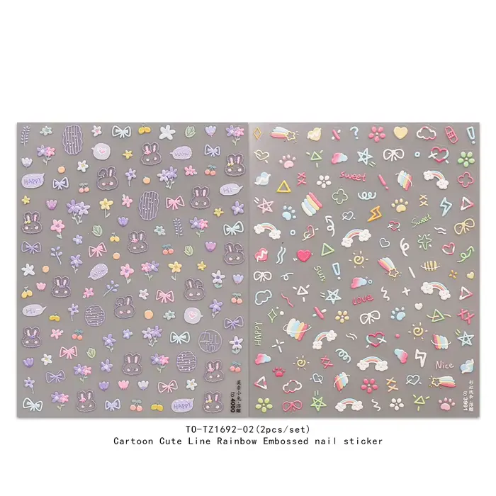 Autocollants pour Nail Art en relief arc-en-ciel, ligne mignonne de dessin animé, décalcomanie, déco