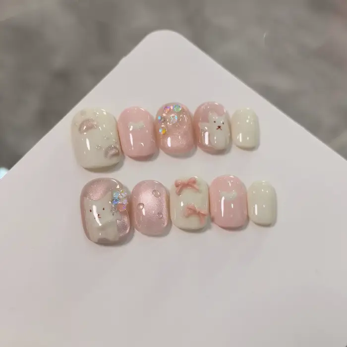 Ensemble de 10 ongles à pression faits à la main, nœud papillon en forme de chat mignon, Design d'am
