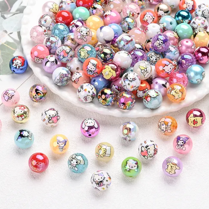 Perles acryliques mélangées aléatoires, 30 pièces, perles rondes imprimées Sanrio, amples pour brico