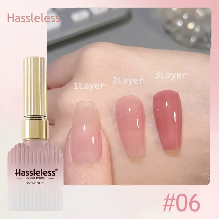 Sans tracas # Gel UV 06 Jelly Dusty Nude Pink 15ml, dégradé 3 couches, effet transparent, gel brilla