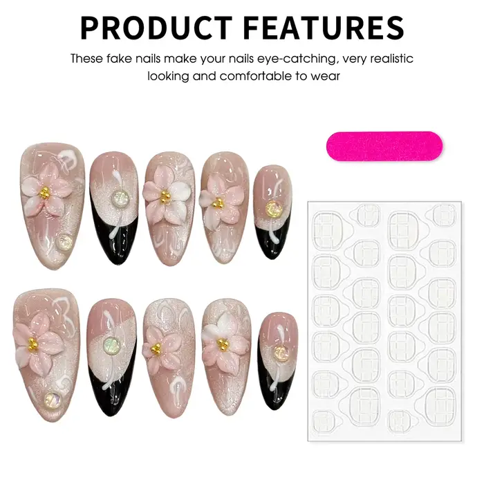 10 pièces 3D sculpture fleur de pêche presse sur ongles paillettes rose oeil de chat amande été à la