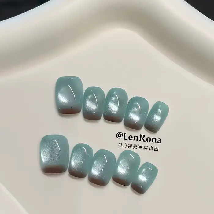 10 pièces ongles faits à la main élégant minimaliste doux et audacieux marron-bleu Ombre oeil de chat