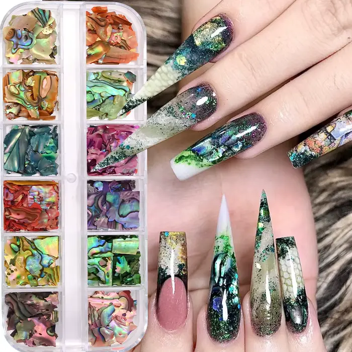 12 grilles Nail Art Aurora coquille d'ormeau flocons 3D tranches de coquille de mer irrégulières bre
