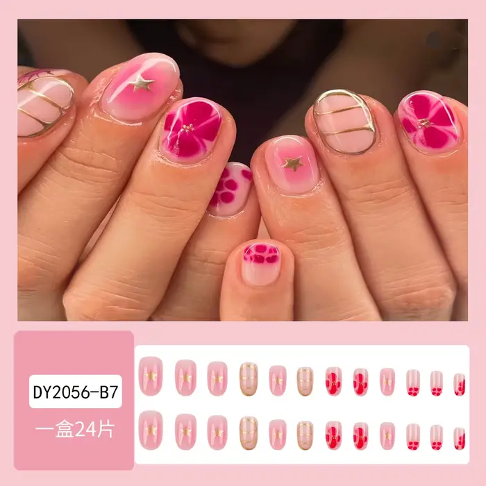 24 pièces pointes d'ongles décoration florale ronde courte pour ongles avec outils presse esthétique